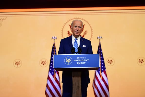 President-elect Joe Biden delivers a Thanksgiving address at the Queen Theatre on November 25