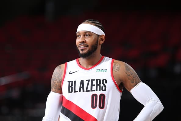 Carmelo Anthony #00 of the Portland Trail Blazers looks on during a preseason game against the Sacramento Kings on December 13