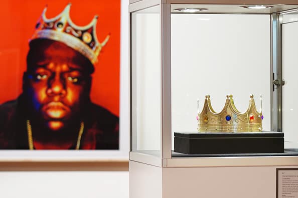 The crown worn by Notorious B.I.G. when photographed by Barron Claiborne as the King of New York is displayed during a preview at Sotheby's for their Inaugural HIP HOP Auction on September 12