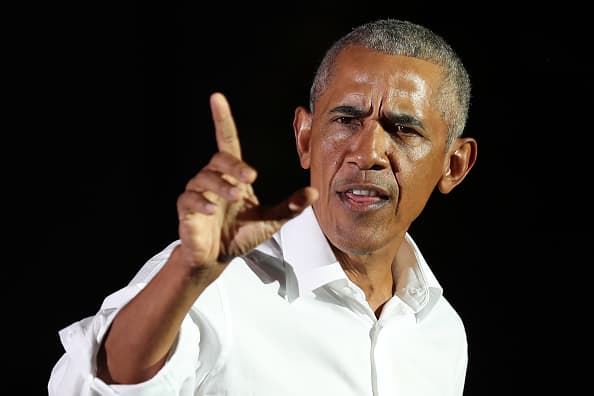 Former President Barack Obama speaks in support of Democratic presidential nominee Joe Biden during a drive-in rally at the Florida International University on November 02