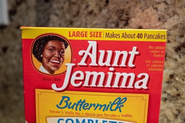 Close-up of Aunt Jemima brand buttermilk pancake mix in kitchen setting