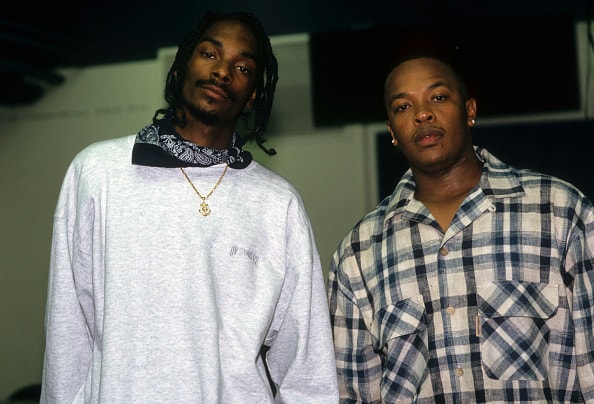 Snoop Dogg and Dr. Dre (aka Andre Romelle Young) appear backstage when the Death Row Records label assembles at The Source Awards
