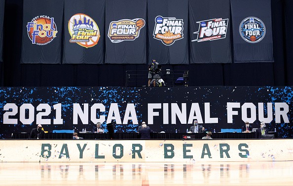 A video board is seen after the Baylor Bears defeated the Gonzaga Bulldogs 86-70 in the National Championship game of the 2021 NCAA Men's Basketball Tournament at Lucas Oil Stadium on April 05