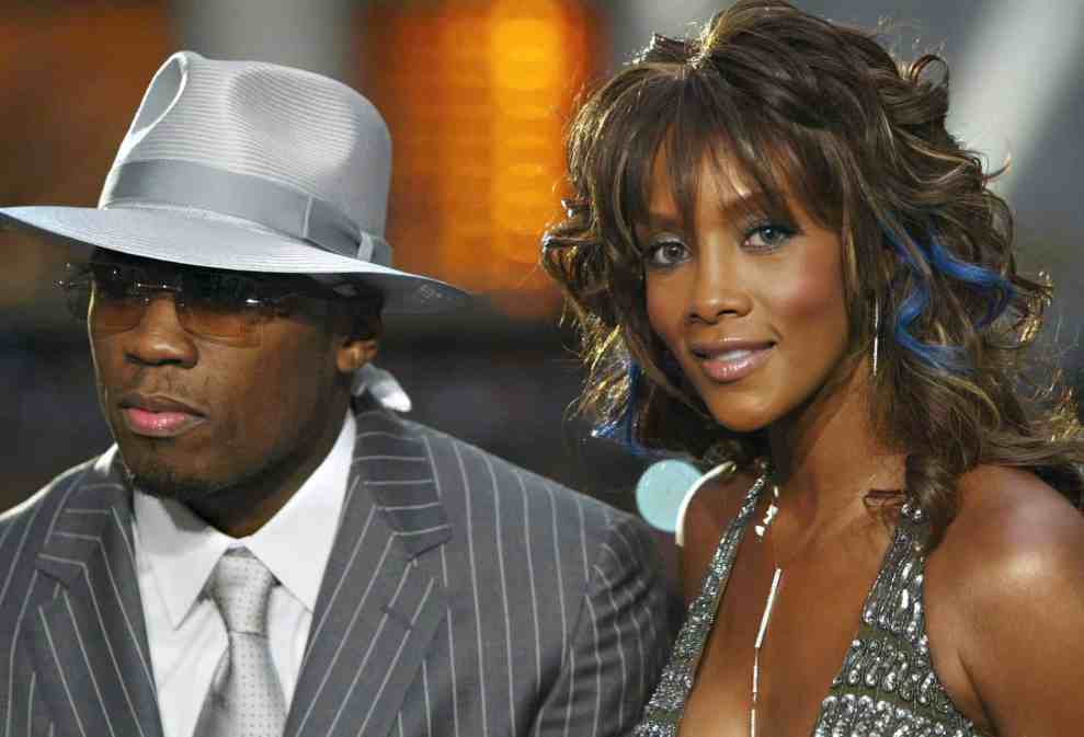 50 Cent and Vivica Fox  during the pre-show interviews on the MTV News Platform at the 2003 MTV Video Music Awards