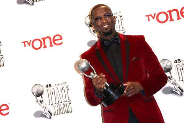 Comedian Rickey Smiley poses at the 45th NAACP Image Awards press room held at the Pasadena Civic Auditorium on February 22
