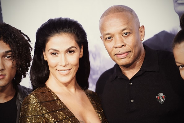 Dr. Dre and wife Nicole Young attend the premiere of "Straight Outta Compton" at Microsoft Theater on August 10