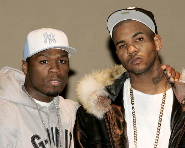 NEW YORK - MARCH 9: (L-R) Rappers 50 Cent and The Game make an appearance at the Schomburg Center For Research in Black Culture to announce they will put their differences aside and make amends on March 9