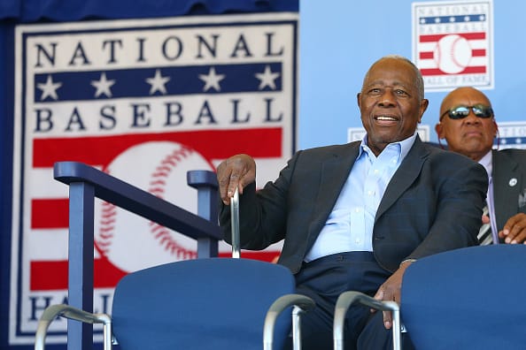 Hall of Famer Hank Aaron is introduced at Clark Sports Center during the Baseball Hall of Fame induction ceremony on July 30