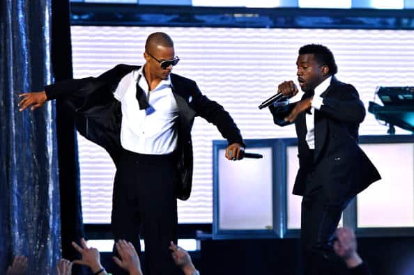Rappers T.I. (L) and Kanye West perform during the 51st Annual Grammy Awards held at the Staples Center on February 8