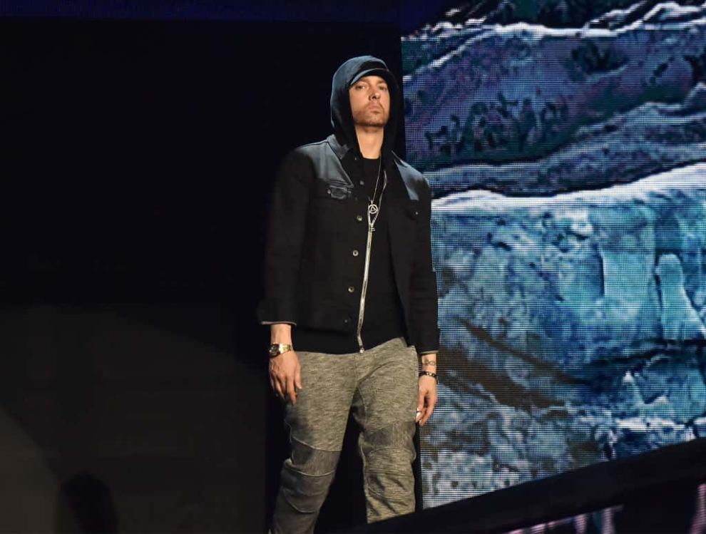 Eminem performs on stage during the MTV EMAs 2017 held at The SSE Arena