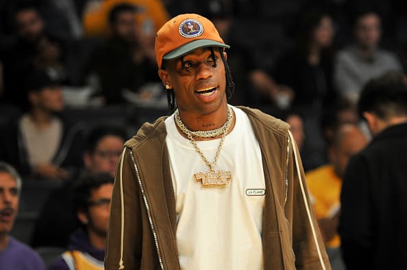 Rapper Travis Scott attends a basketball game between the Los Angeles Lakers and the Houston Rockets at Staples Center on December 3
