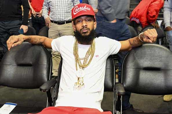 Rapper Nipsey Hussle attends a basketball game between the Los Angeles Clippers and the Denver Nuggets at Staples Center on January 17