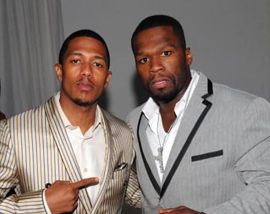 NEW YORK - APRIL 14: (U.S. TABS OUT) Rapper 50 Cent (R) and VJ Nick Cannon kick off "TRL High School Week" on MTV at the MTV Times Square Studios April 14