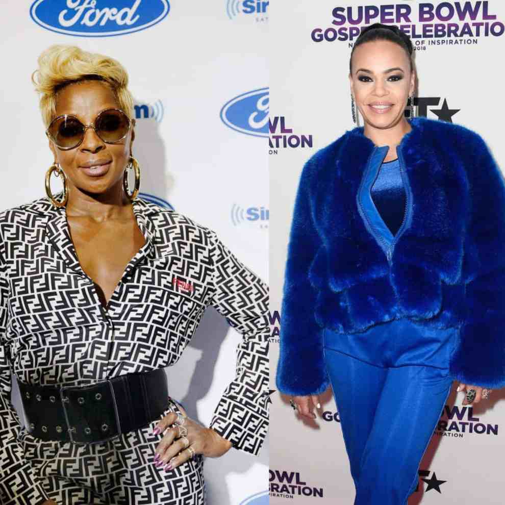 Mary J Blige to the left wearing black and white and Faith Evans to the right wearing all blue