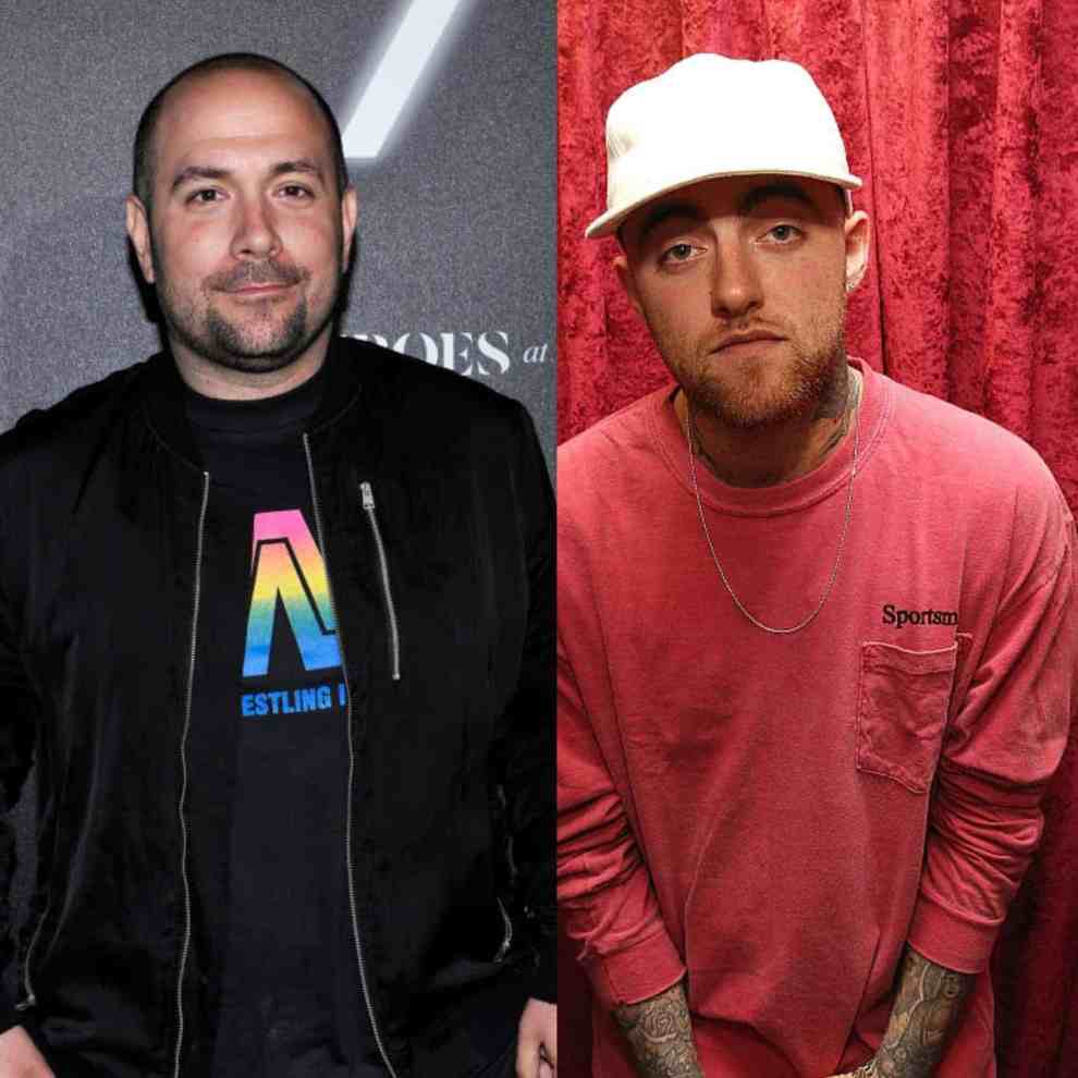 Peter Rosenberg on the left wearing a black jacket and Mac Miller on the right wearing a red shirt
