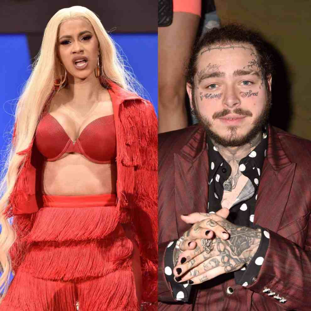 Cardi B performing in red outfit and Post Malone wearing red and Burgundy  split image