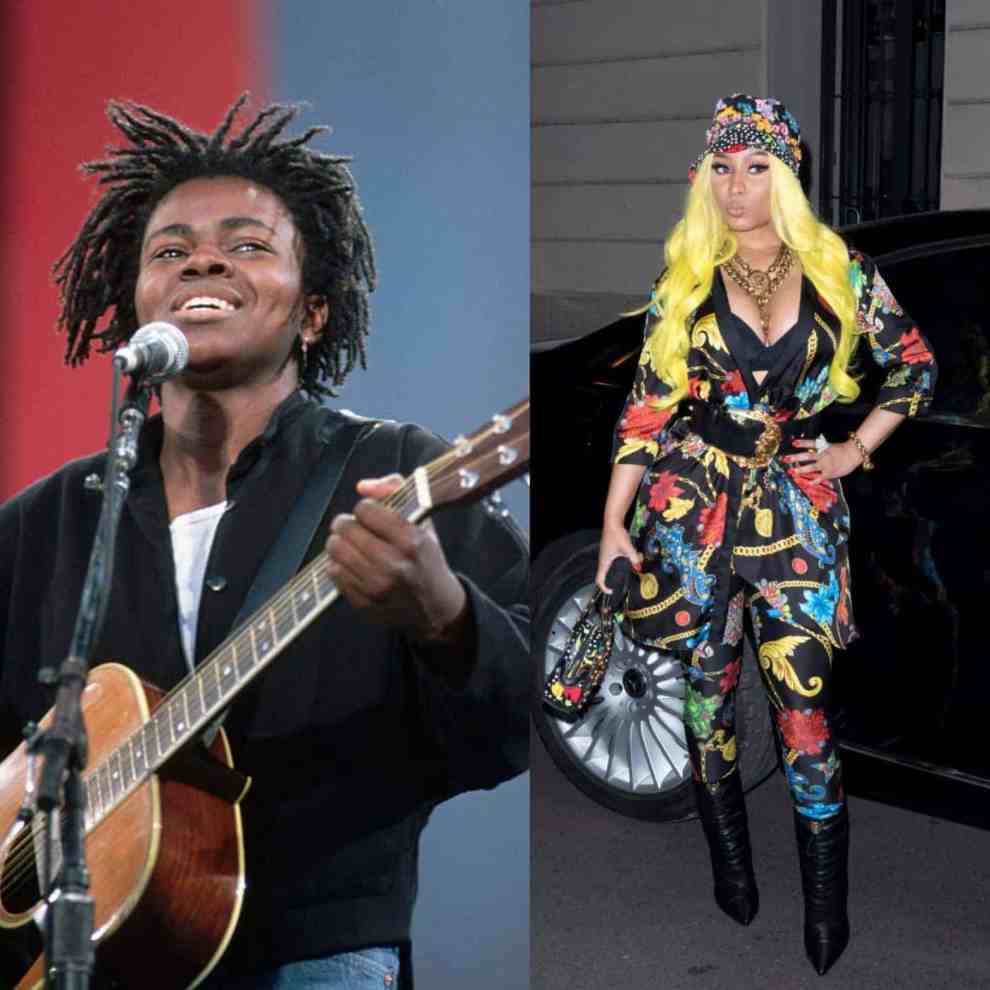 Tracy Chapman and Nick Minaj wearing multiple colors split image