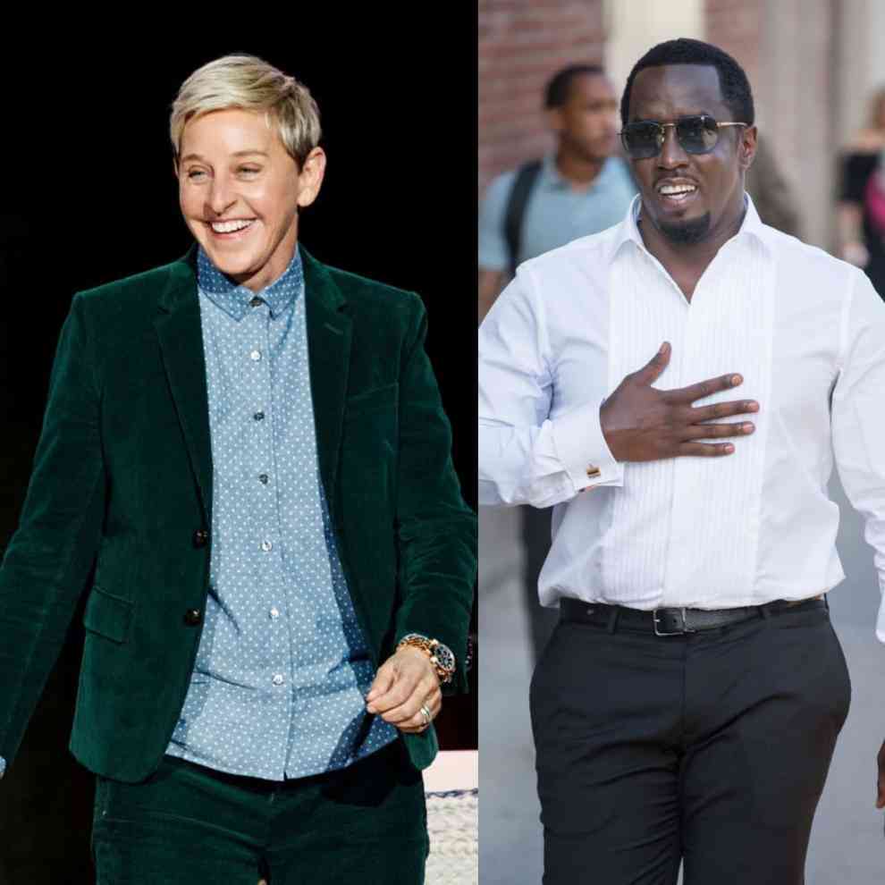 Ellen Degeneres wearing green jacket and blue shirt and Diddy wearing black and white