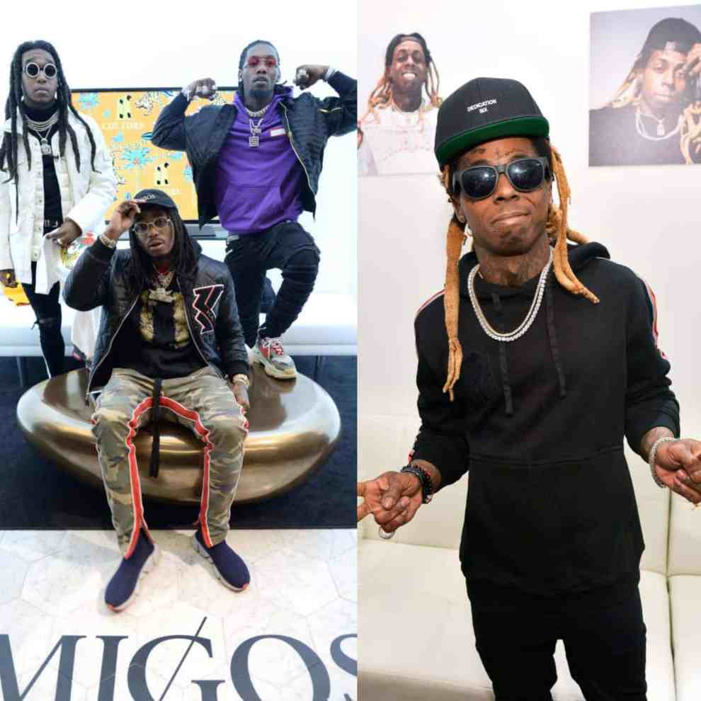 Migos and Lil Wayne wearing multiple colors and wearing sunglasses