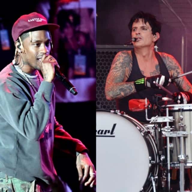 Tommy Lee and Travis Scott split image