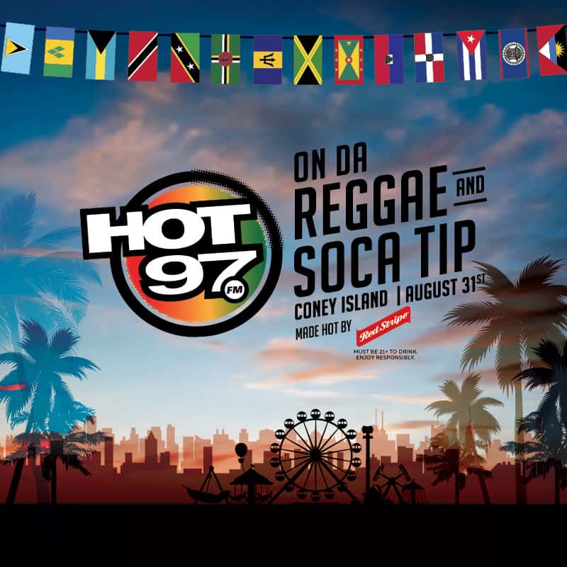 Hot 97 On the Reggae and Soca Tip Made hot by Redstripe Flyer with different flags representing other countries.