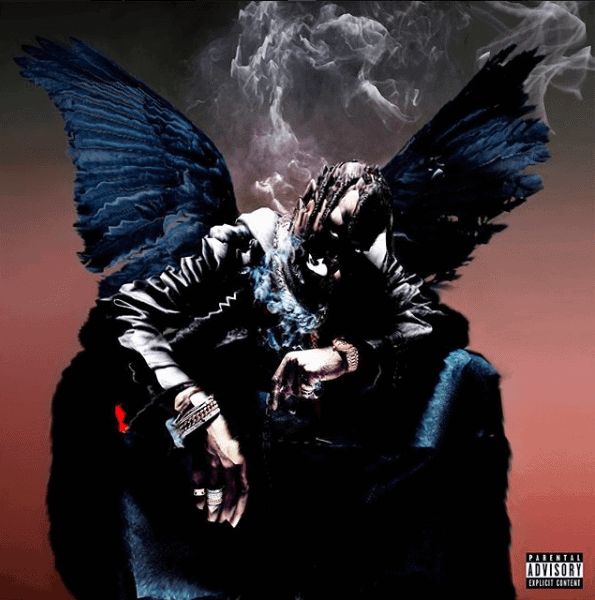 Travis Scott in all black with angel wings and smoking Birds In the Trap Sing McKnight cover art