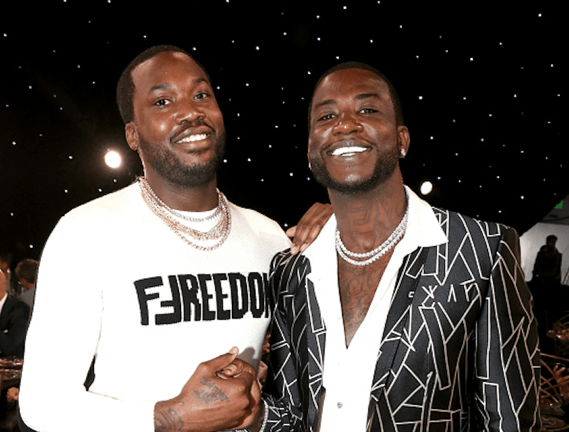 Meek Mill (L) and Gucci Mane attend the 2018 NBA Awards at Barkar Hangar