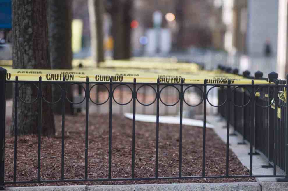 Police caution tape near the finish line of the Boston Marathon after two bomb blasts which killed two people and injured over a one hundred