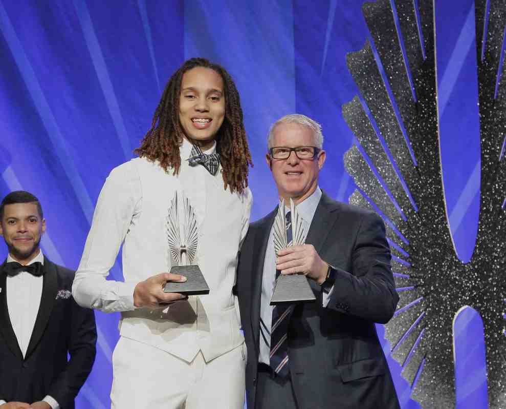 Brittney Griner and Kevin McClatchey accpet awards during the 24th Annual GLAAD Media Awards at the Hilton San Francisco - Union Square on May 11, 2013 in San Francisco, California.