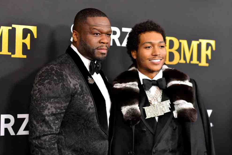 Curtis “50 Cent” Jackson and Demetrius “Lil Meech” Flenory Jr. attend STARZ Series "BMF" World Premiere at Cellairis Amphitheatre at Lakewood on September 23, 2021 in Atlanta, Georgia.
