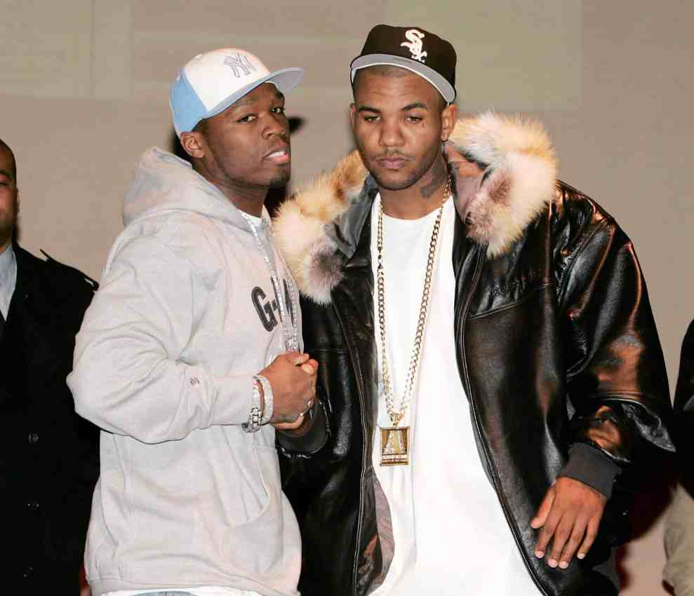 NEW YORK - MARCH 9: (L-R) Rappers 50 Cent and The Game make an appearance at the Schomburg Center For Research in Black Culture to announce they have decided to put their differences aside and make amends on March 9, 2005 in New York City.