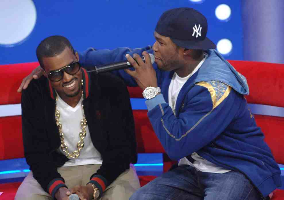 Recording artists Kanye West (L) and 50 Cent appear on BET's 106 & Park at BET Studios September 11, 2007 in New York City