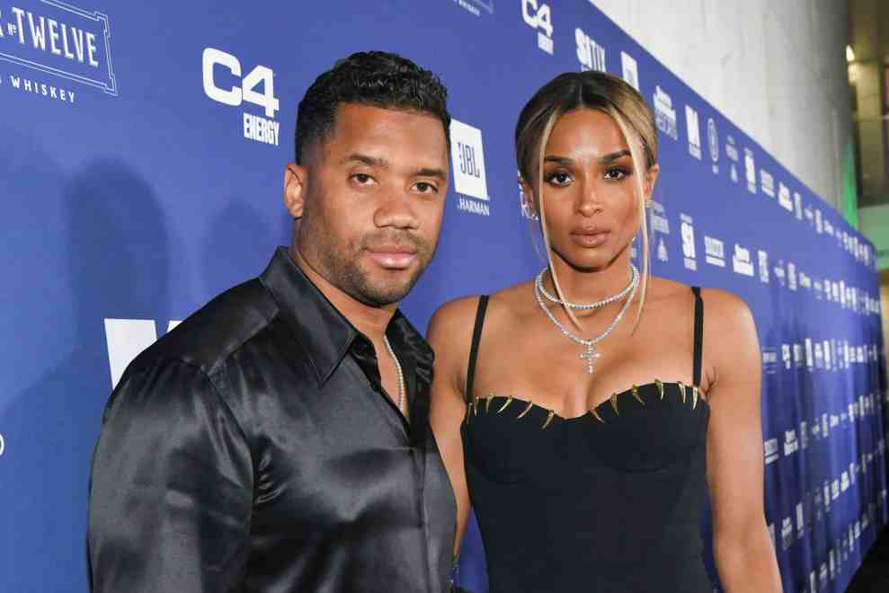 LOS ANGELES, CALIFORNIA - FEBRUARY 12: (L-R) Russell Wilson and Ciara attend the Sports Illustrated Super Bowl Party at Century City Park on February 12, 2022 in Los Angeles, California.