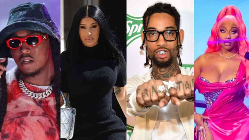 Takeoff (Photo by Kevin Winter/Getty Images for Global Citizen) Cardi B (Photo by Frazer Harrison/Getty Images,) PnB Rock (Photo by Paras Griffin/Getty Images for Sprite) Nicki Minaj (Photo by Arturo Holmes/Getty Images)