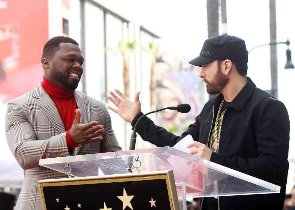 HOLLYWOOD, CALIFORNIA - JANUARY 30: Marshall Bruce Mathers III aka Eminem (R) and Curtis "50 Cent" Jackson attend the ceremony honoring Curtis "50 Cent" Jackson with a Star on The Hollywood Walk of Fame held on January 30, 2020 in Hollywood, California.