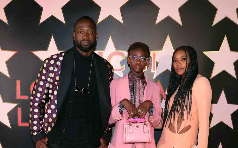 LOS ANGELES, CALIFORNIA - NOVEMBER 02: (EDITORS NOTE: This image has been retouched) (L-R) Dwyane Wade, Zaya Wade, and Gabrielle Union arrive at Gucci Love Parade on November 02, 2021 in Los Angeles, California.