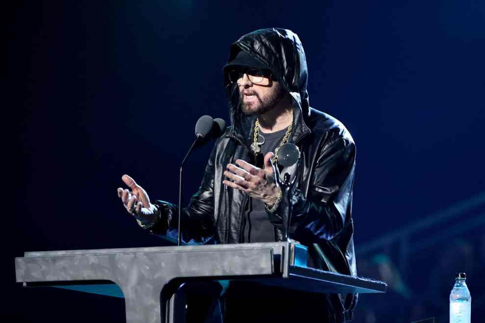 LOS ANGELES, CALIFORNIA - NOVEMBER 05: Inductee Eminem speaks onstage during the 37th Annual Rock & Roll Hall of Fame Induction Ceremony at Microsoft Theater on November 05, 2022 in Los Angeles, California.