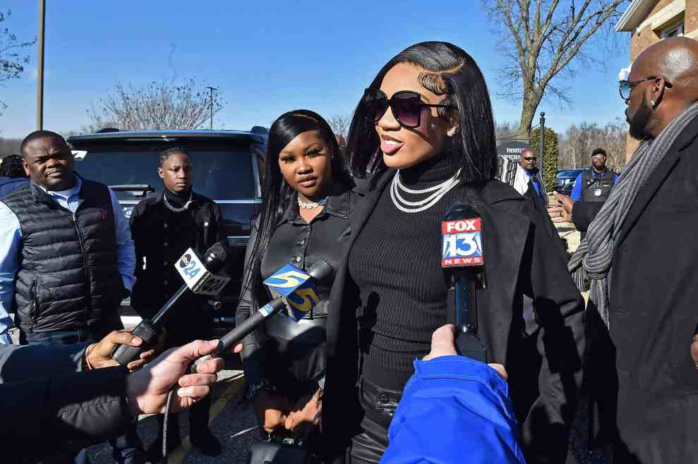 Rapper GloRilla attends the funeral of Lola "Gangsta Boo" Mitchell at Brown Missionary Baptist Church on January 14, 2023 in Southaven, Mississippi. Mitchell, a member of Three 6 Mafia, was found dead at the age of 43 at a home in Memphis on January 1, 2023.