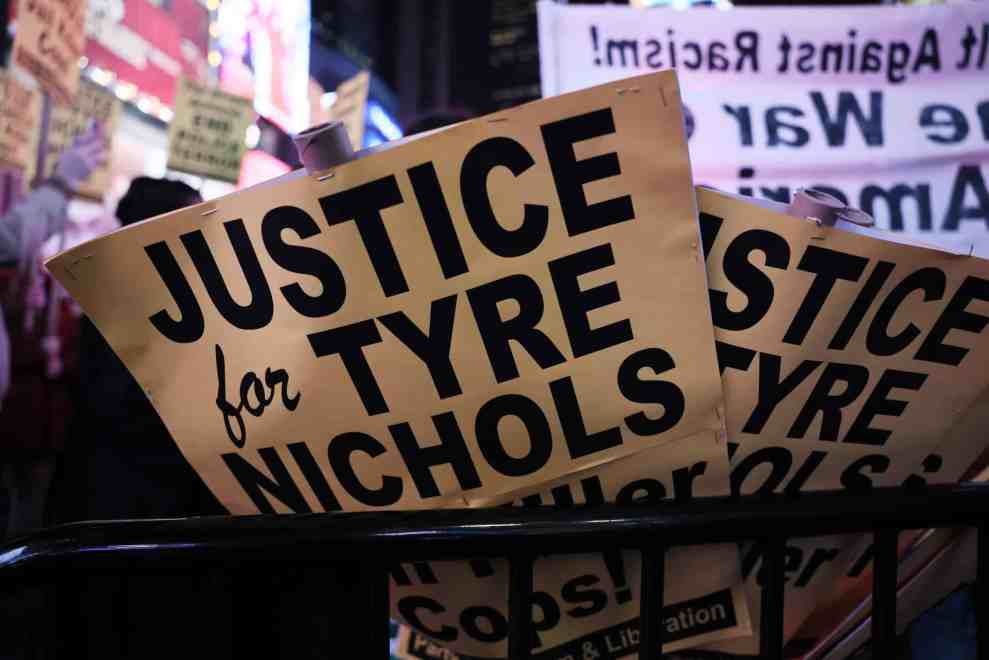 Protest signs are seen as people march on Broadway while protesting the death of Tyre Nichols on January 27, 2023 in New York City. The release of a video depicting the fatal beating of Nichols, a 29-year-old Black man, sparked protests in NYC and other cities throughout the country. Nichols was violently beaten for three minutes and killed by Memphis police officers earlier this month after a traffic stop. Five Black Memphis Police officers have been fired after an internal investigation found them to be “directly responsible” for the beating and have been charged with “second-degree murder, aggravated assault, two charges of aggravated kidnapping, two charges of official misconduct and one charge of official oppression.”