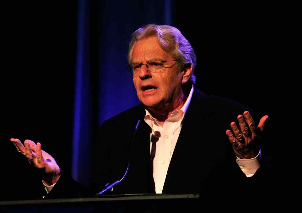 BEVERLY HILLS, CA - MAY 04: Television Personality Jerry Springer on stage at BritWeek 2012's 'An Evening With Piers Morgan, In Conversation With Jackie Collins' benefiting Children's Hospital Los Angeles at the Beverly Wilshire Four Seasons Hotel on May 4, 2012 in Beverly Hills, California.