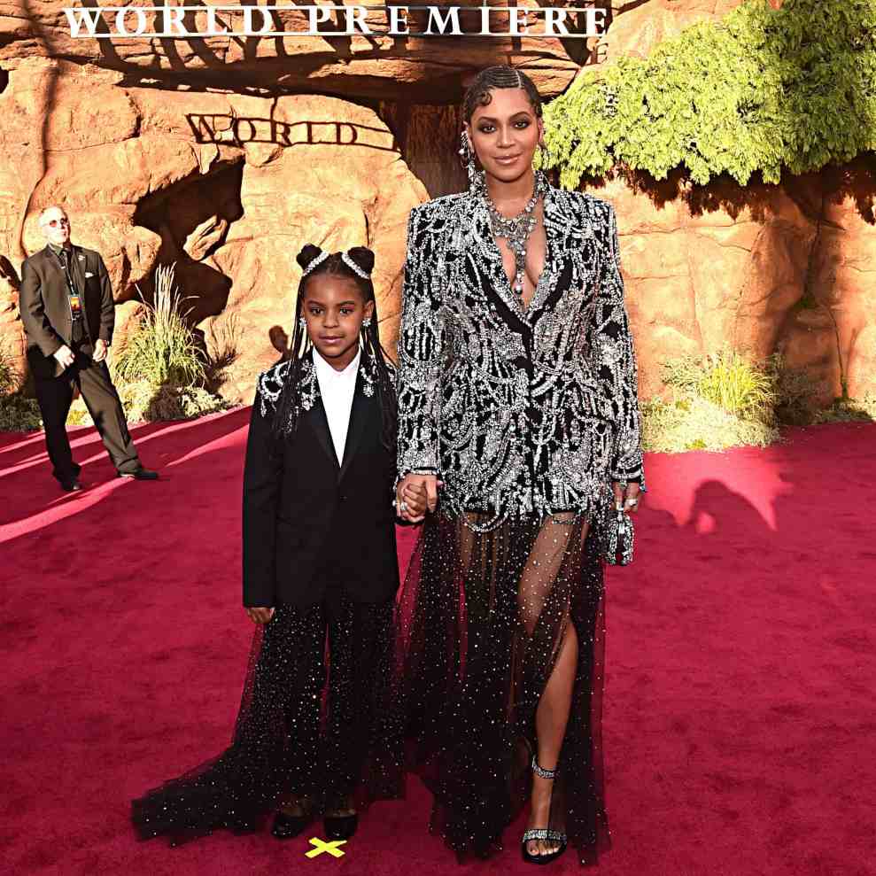 HOLLYWOOD, CALIFORNIA - JULY 09: (EDITORS NOTE: Retransmission with alternate crop.) Blue Ivy Carter (L) and Beyonce Knowles-Carter attend the World Premiere of Disney's "THE LION KING" at the Dolby Theatre on July 09, 2019 in Hollywood, California.