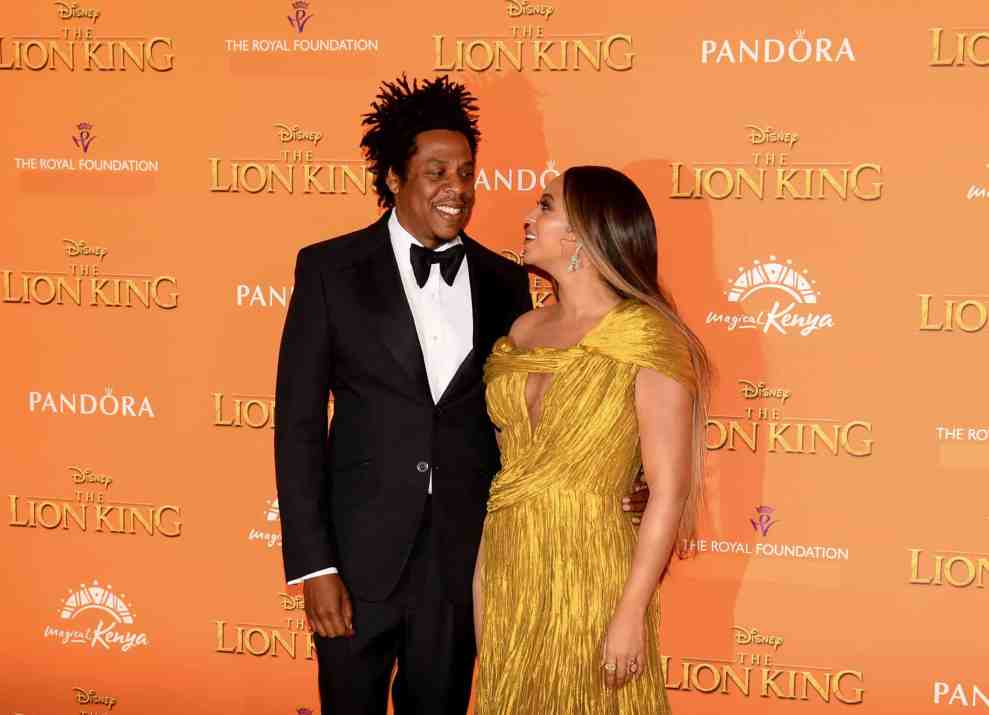 LONDON, ENGLAND - JULY 14: Beyonce Knowles-Carter and Jay-Z attend the European Premiere of Disney's "The Lion King" at Odeon Luxe Leicester Square on July 14, 2019 in London, England.