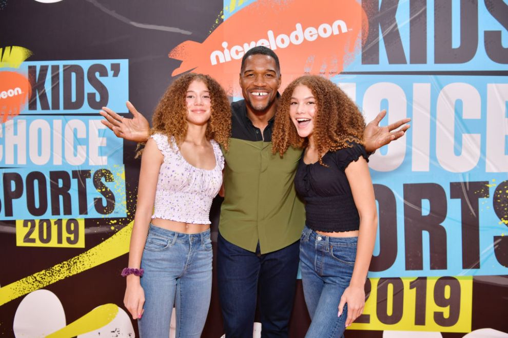 Michael Strahan and daughters Sophia and Isabella attend Nickelodeon Kids' Choice Sports 2019 at Barker Hangar on July 11, 2019 in Santa Monica, California.