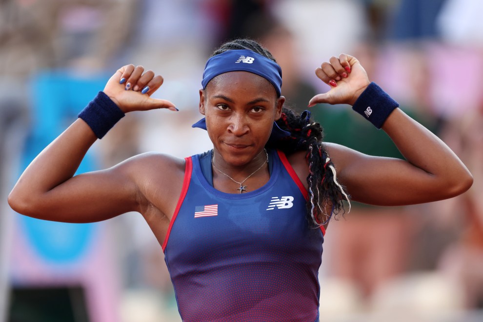 Coco Gauff of Team United States celebrates after winning match point against Ajla Tomljanovic of Team Australia during the Women’s Singles first round match on day two of the Olympic Games Paris 2024 at Roland Garros on July 28, 2024 in Paris, France.