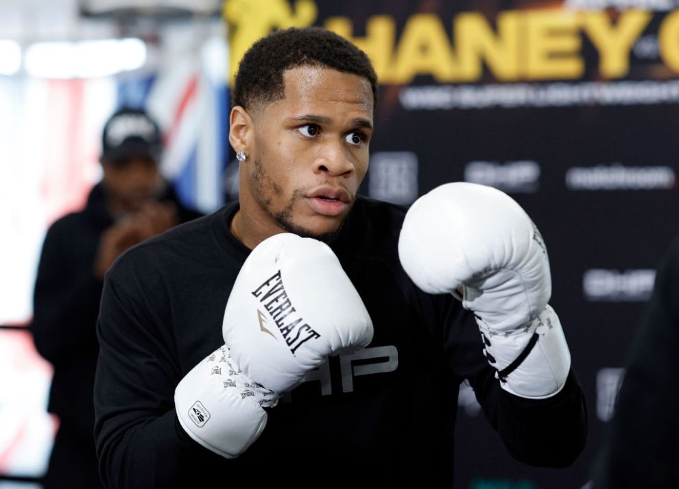 Devin Haney, the former undisputed lightweight champion and current WBC Super Lightweight Champion, throws a punch during a workout at Wild Card Boxing Club to promote his upcoming title defense against Ryan Garcia on April 5, 2024 in Los Angeles, California.