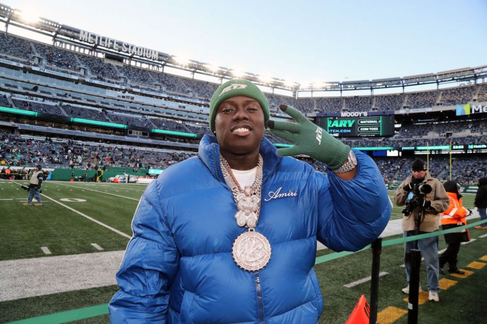 EAST RUTHERFORD, NEW JERSEY - JANUARY 5: Rapper Sheff G, aka Michael Kyle Williams, at the Miami Dolphins vs. New York Jets game at MetLife Stadium on January 5, 2025 in East Rutherford, New Jersey.