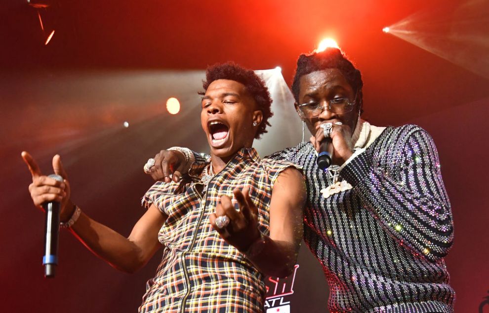 ATLANTA, GA - JUNE 16: Rappers Lil Baby and Young Thug perform on stage during Hot 107.9 Birthday Bash at Cellairis Amphitheatre at Lakewood on June 16, 2018 in Atlanta, Georgia.