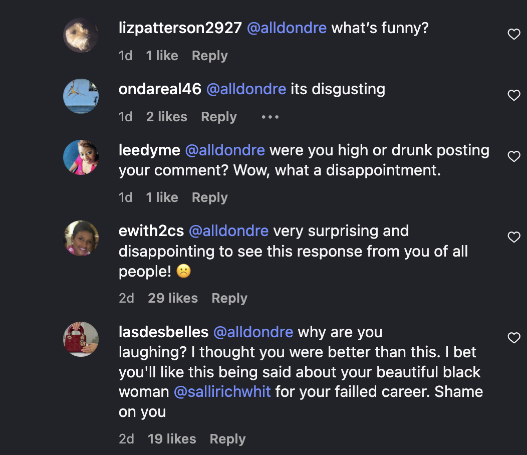 Screenshot of the Instagram post and Whitfield's comment