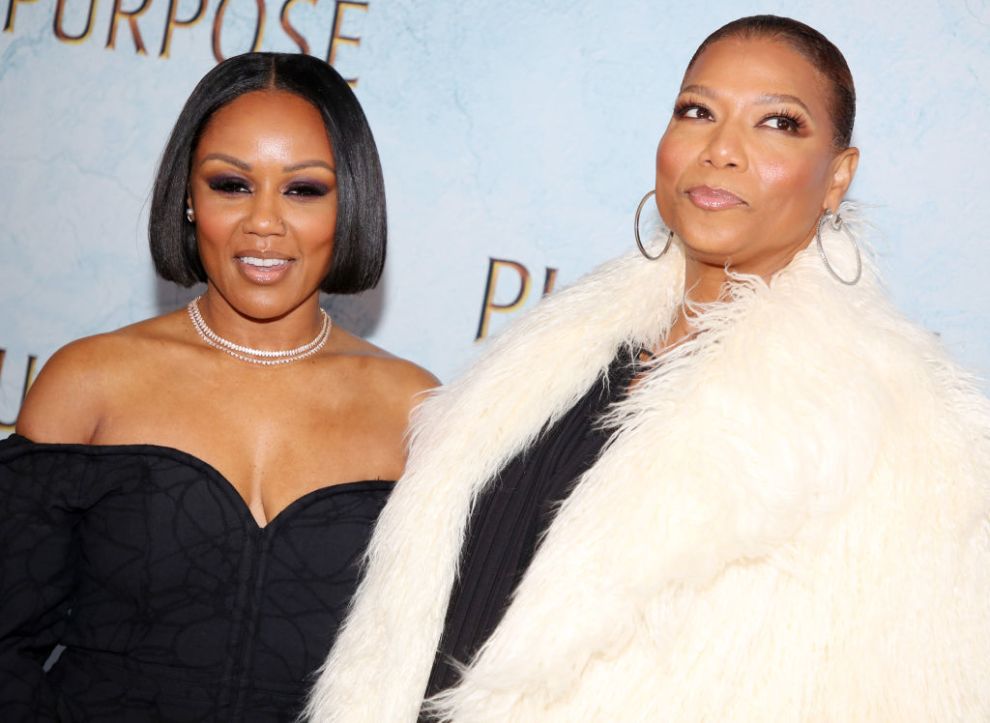 Eboni Nichols and Queen Latifah pose at the opening night of the new play "Purpose" on Broadway at The Hayes Theater on March 17, 2025 in New York City. (
