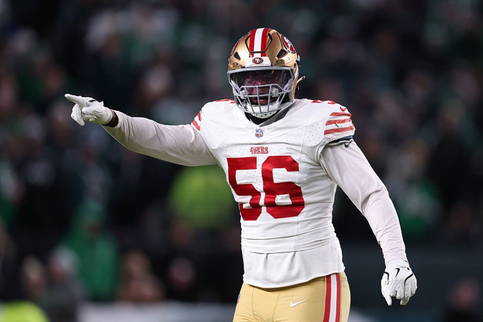 PHILADELPHIA, PENNSYLVANIA - JANUARY 11: Keion White #56 of the San Francisco 49ers celebrates after a play against the Philadelphia Eagles during the first quarter in the NFC Wild Card Playoff game at Lincoln Financial Field on January 11, 2026 in Philadelphia, Pennsylvania.
